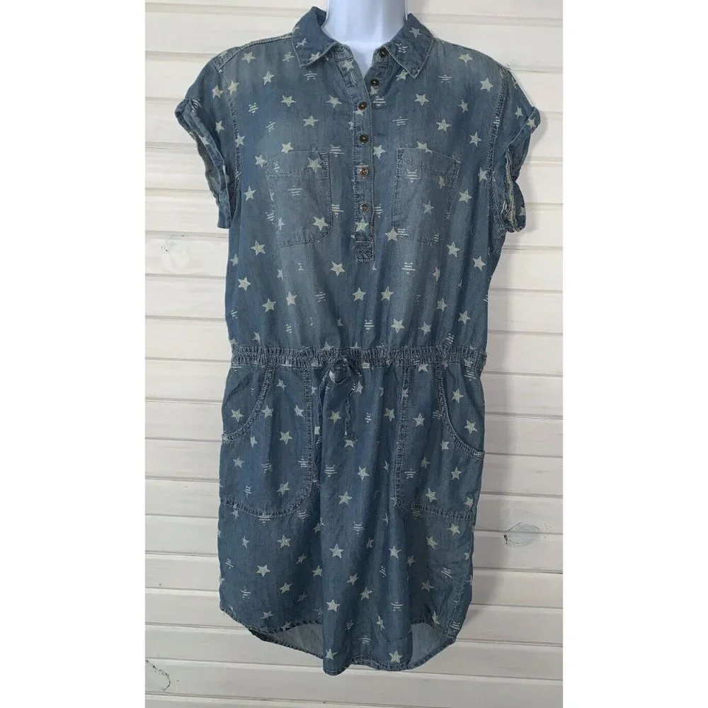 NWT SONOMA Goods For Life Sz MEDIUM Shirt Dress Chambray Denim Stars Pockets - Picture 3 of 12
